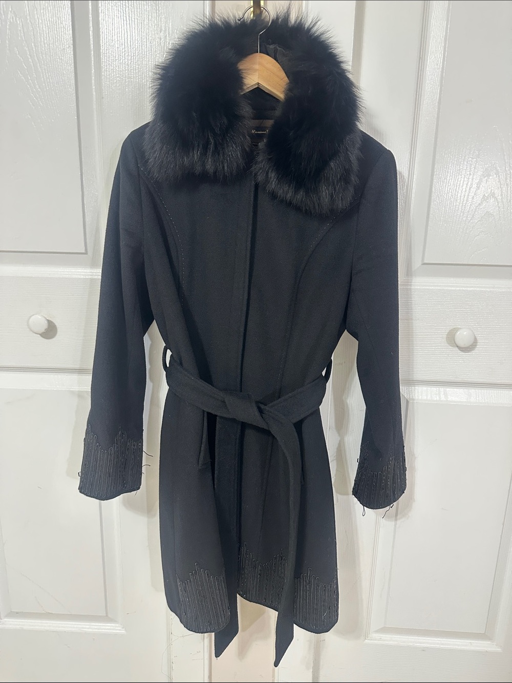 Massimo Dutti Black Wool Belted Trench Coat with Fur Collar